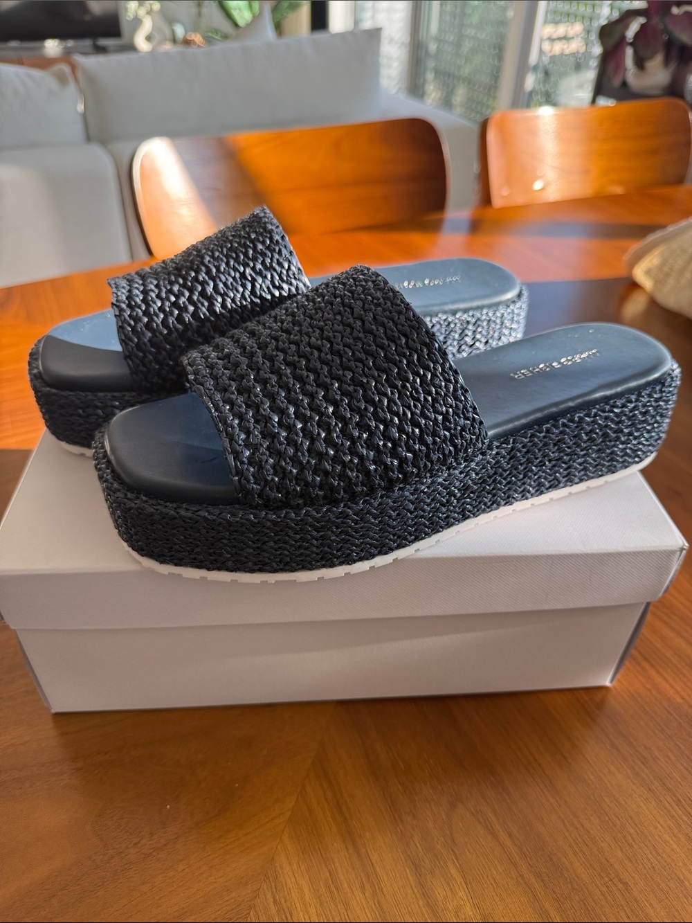 Marc Fisher Dark Blue Woven Platform Slide Sandals